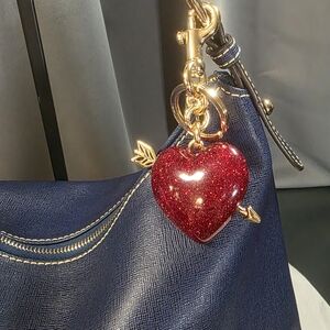 Heart and Arrow Bag Charm Keychain Red Glitter Resin Gold Tone Hardware